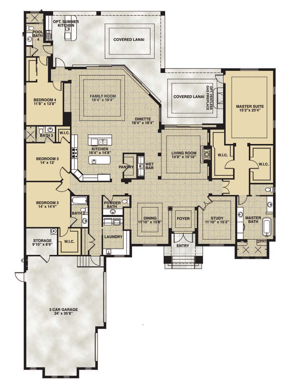 Stella Floor Plan in Bay Woods, Stock Construction, Four Bedroom / Four and One Half Bath / Living Room / Family Room / Dining Room / Study / Outdoor Living / 3-Car Garage